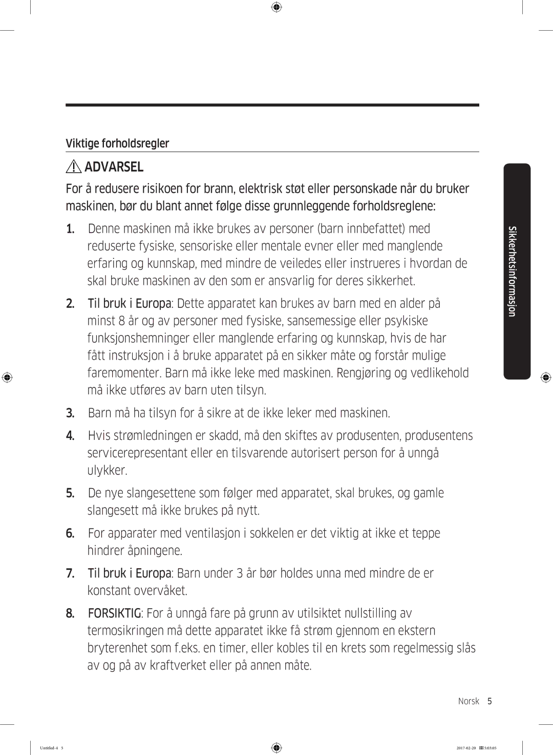 Samsung DV90M6200EW/EE manual Norsk 5  